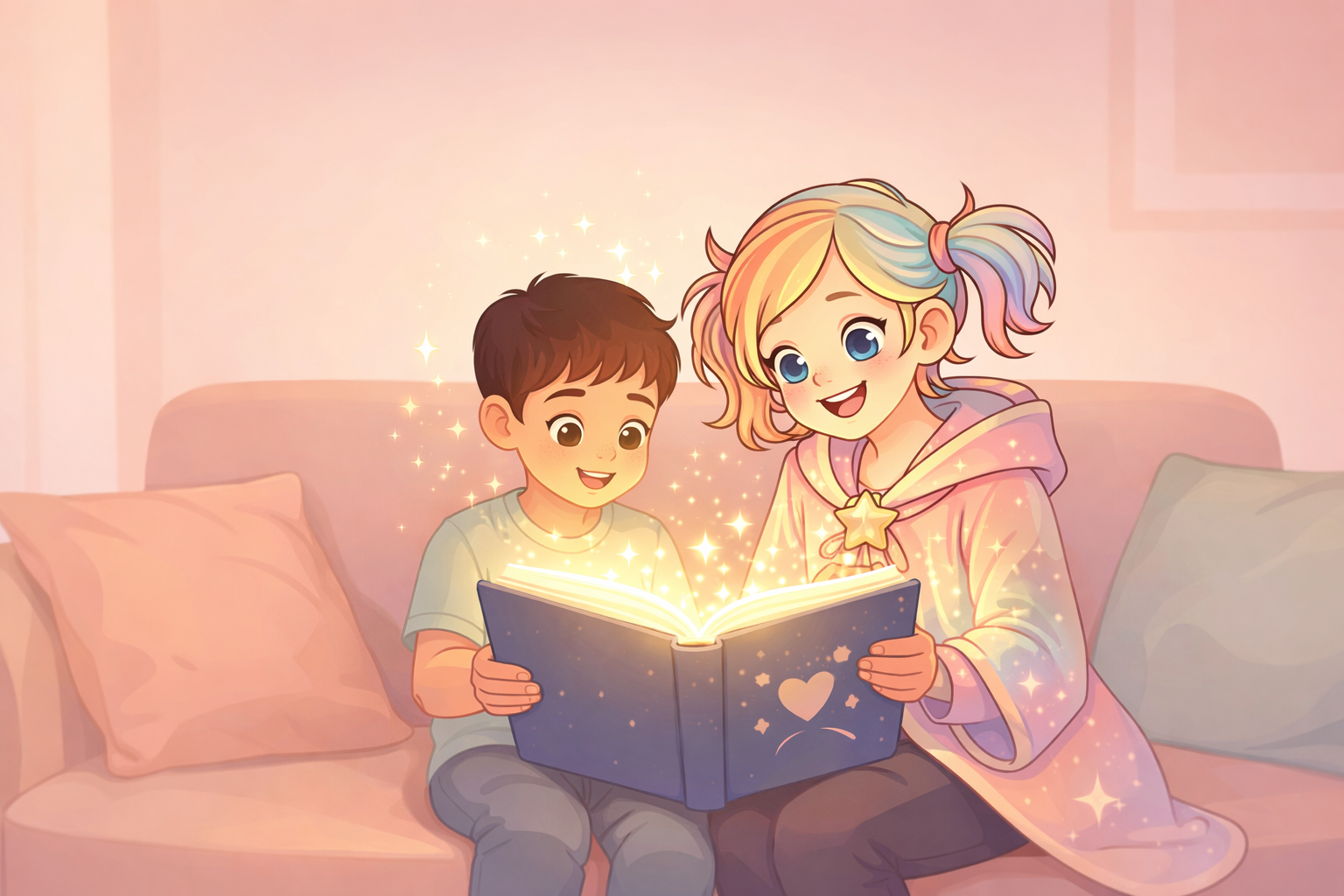 Eltern und Kind lesen ein magisches Buch